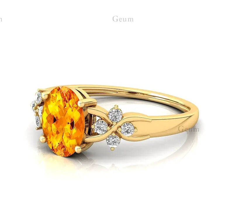 Heirloom Quality 14K Solid Gold Unique Oval Shape Natural Citrine Gemstone & Real IGI Certified White Diamonds Fine Bridal Rings