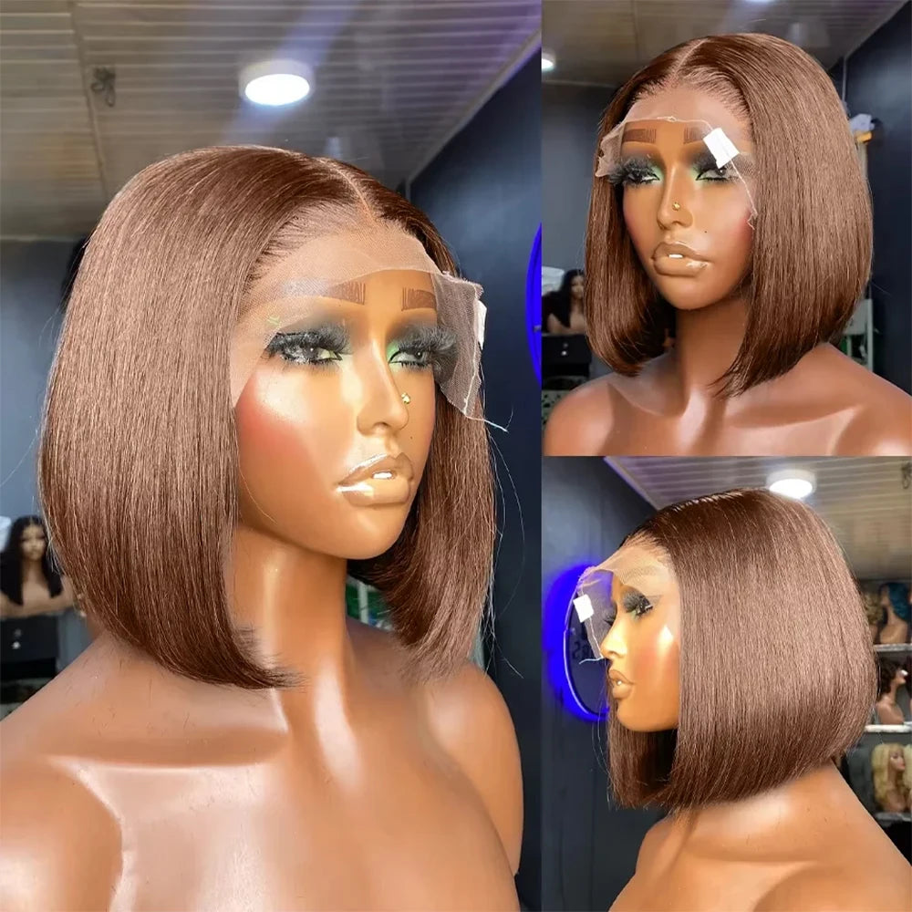 13x4 Human Hair Chocolate Brown Short Bob Lace Front Wig Bone Straight 200% Full Density Transparent Lace Frontal Bob Wigs
