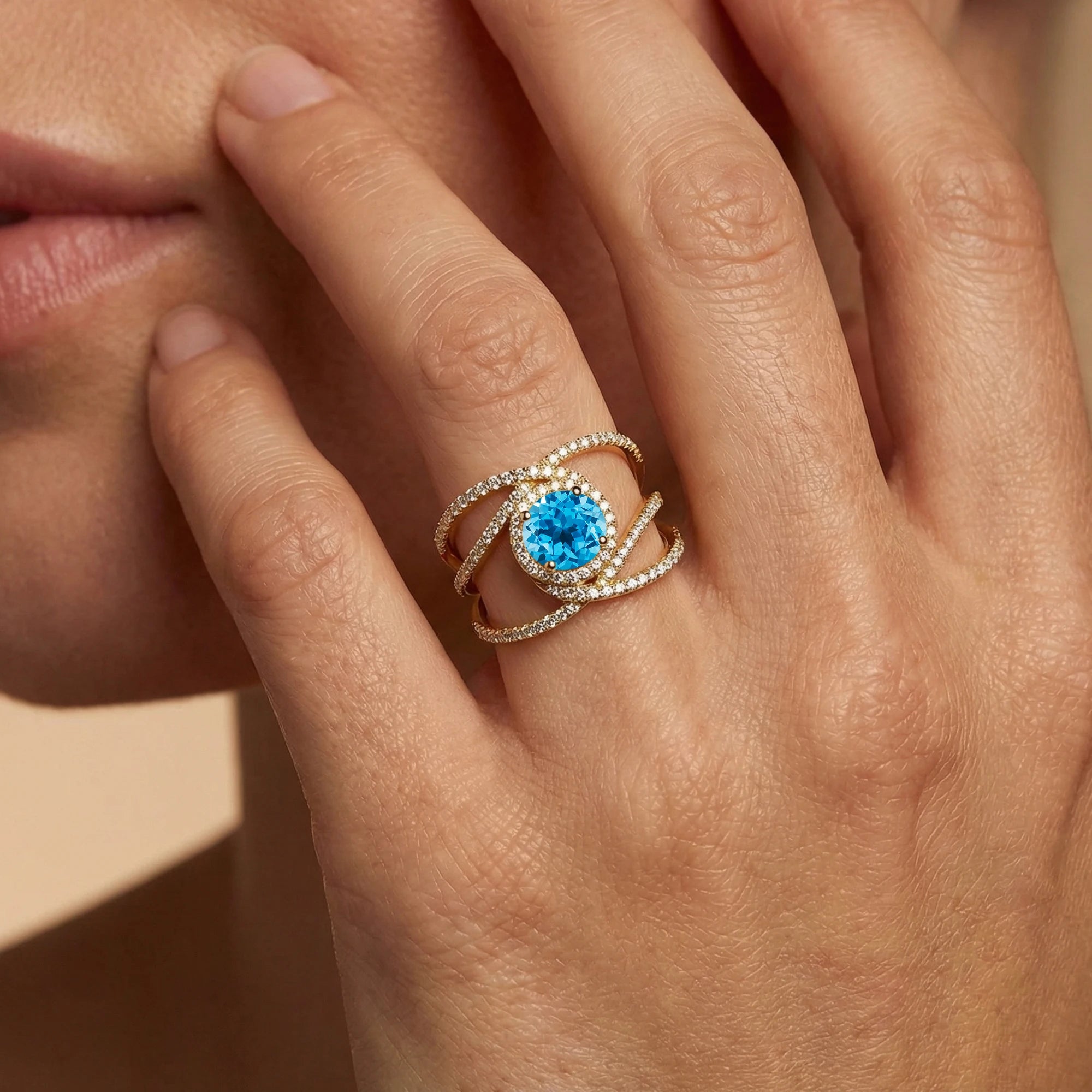 18k Solid Gold Rings Swiss Blue Topaz Gemstone Certified Diamonds Rhodium Plated Classic Party Gift Women's Engagement Halo Ring