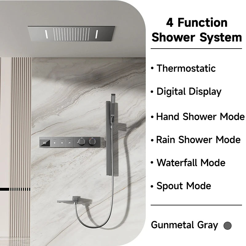 630×330mm Ceiling Thermostatic Shower System Concealed Brass Rainfall Waterfall 4 Function Digital Display Anti-Scald Bathroom S