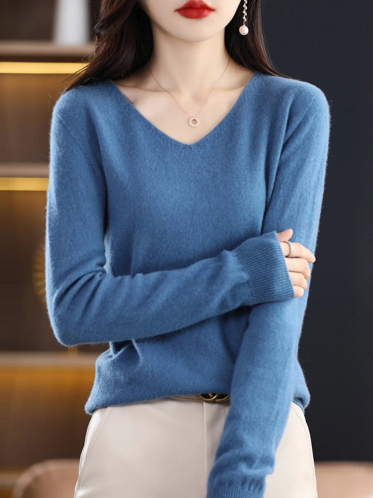 Sweater for Women 100% Merino Wool V Neck Sweater Fall Winter Basic Warm Pullovers Long Sleeve Soft Knit Jumpers Female Clothing
