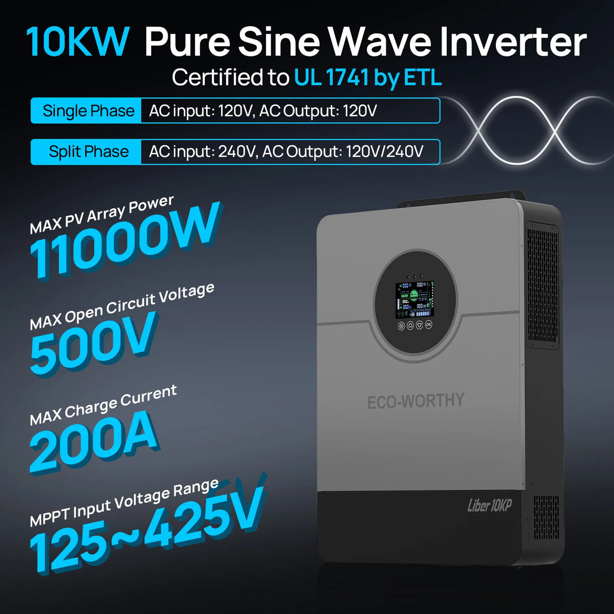 ECO-WORTHY 10KW 48V Off-grid Inverter 120V/220V Split Phase 200A Charger UL1741 forHome Backup, Emergency Power
