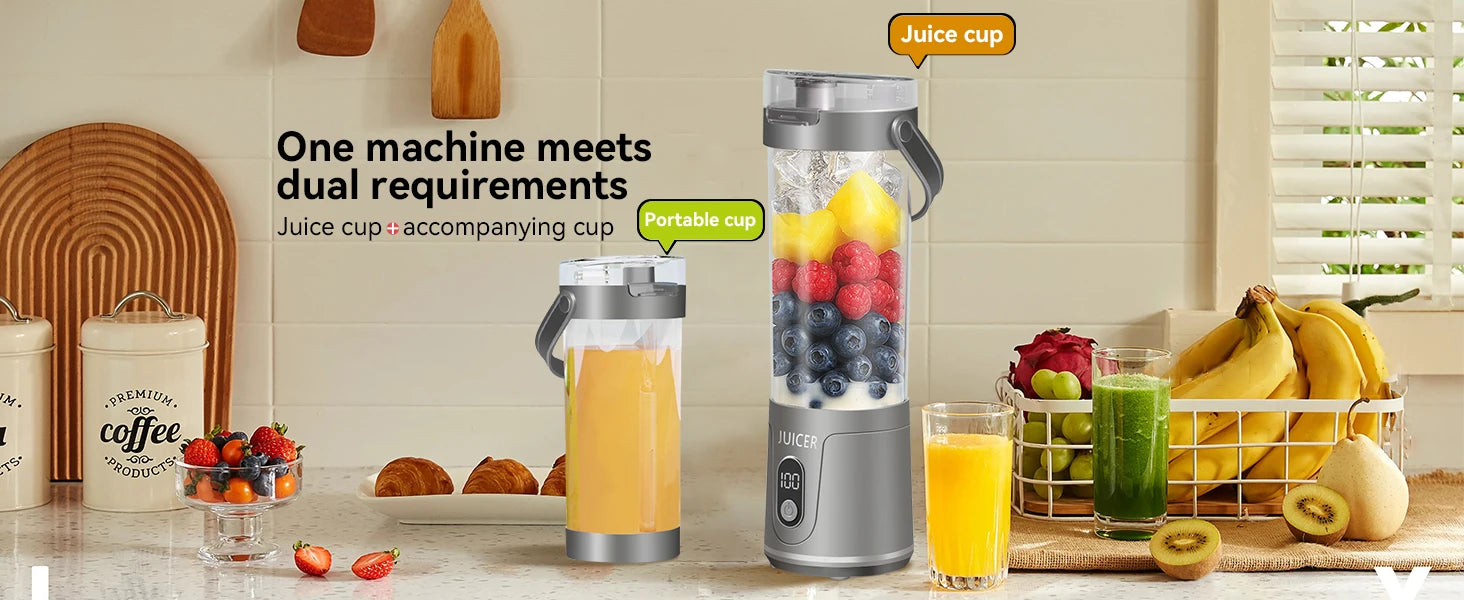 Portable Blender,2 IN 1 Electric Juicer Bottle for Fresh Juice,600ML BPA Free Traveling Juicer Cup and Lid with 12 Blades,Mini B