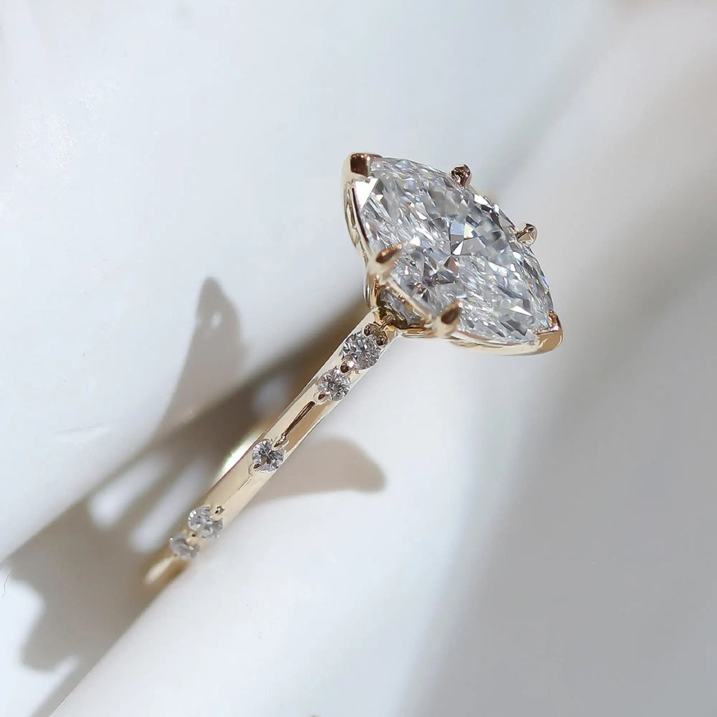 Art Deco Marquise Cut 1.44 Carat Moissanite Solitaire Engagement Ring with Floating Round Accents Gemstone Rings