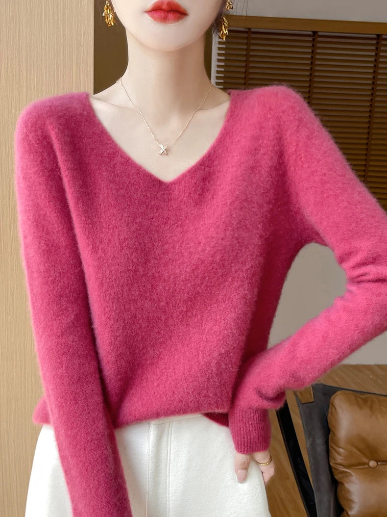 Sweater for Women 100% Merino Wool V Neck Sweater Fall Winter Basic Warm Pullovers Long Sleeve Soft Knit Jumpers Female Clothing
