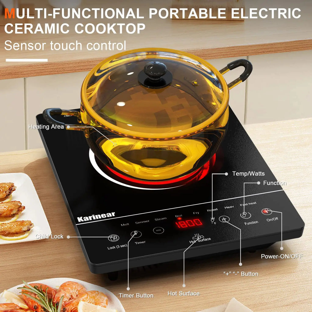 Karinear Portable Electric Cooktop, Electric Stove Single Burner Ceramic Cooktop with Touch Control, Child Safety Lock, Timer, Residual Heat Indicator, Overheat Protection, 1800W 110V Infrared Burner | Ceramic Cooktop, Sensor