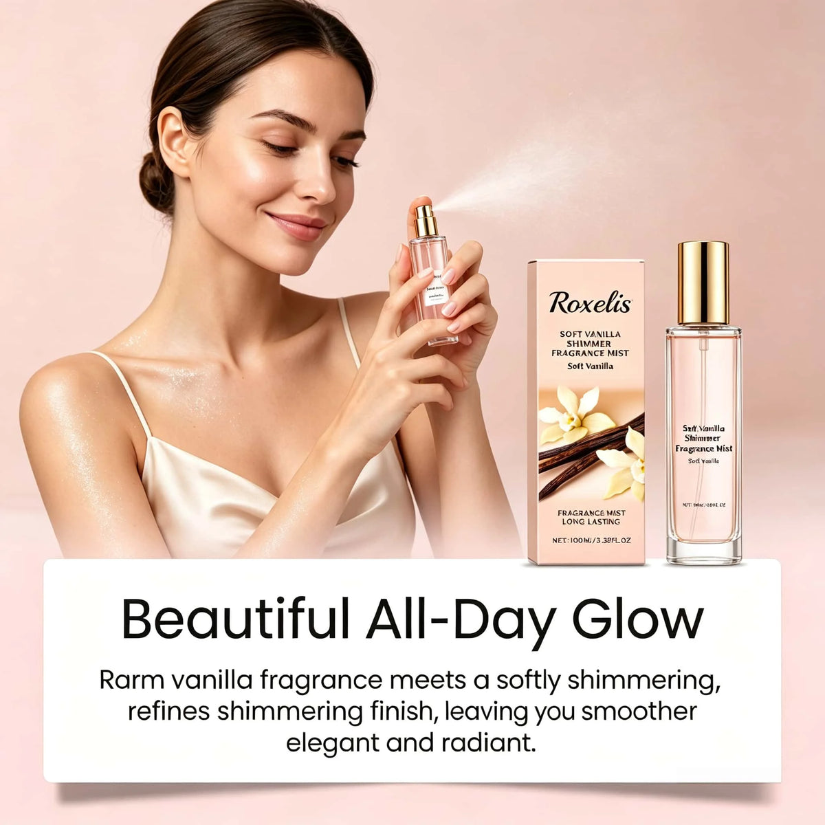 Soft Vanilla Shimmer Fragrance Mist Sandalwood Extract Elegant Scent Boost Confidence Romantic Atmosphere Long Lasting Glow Perfume Spray