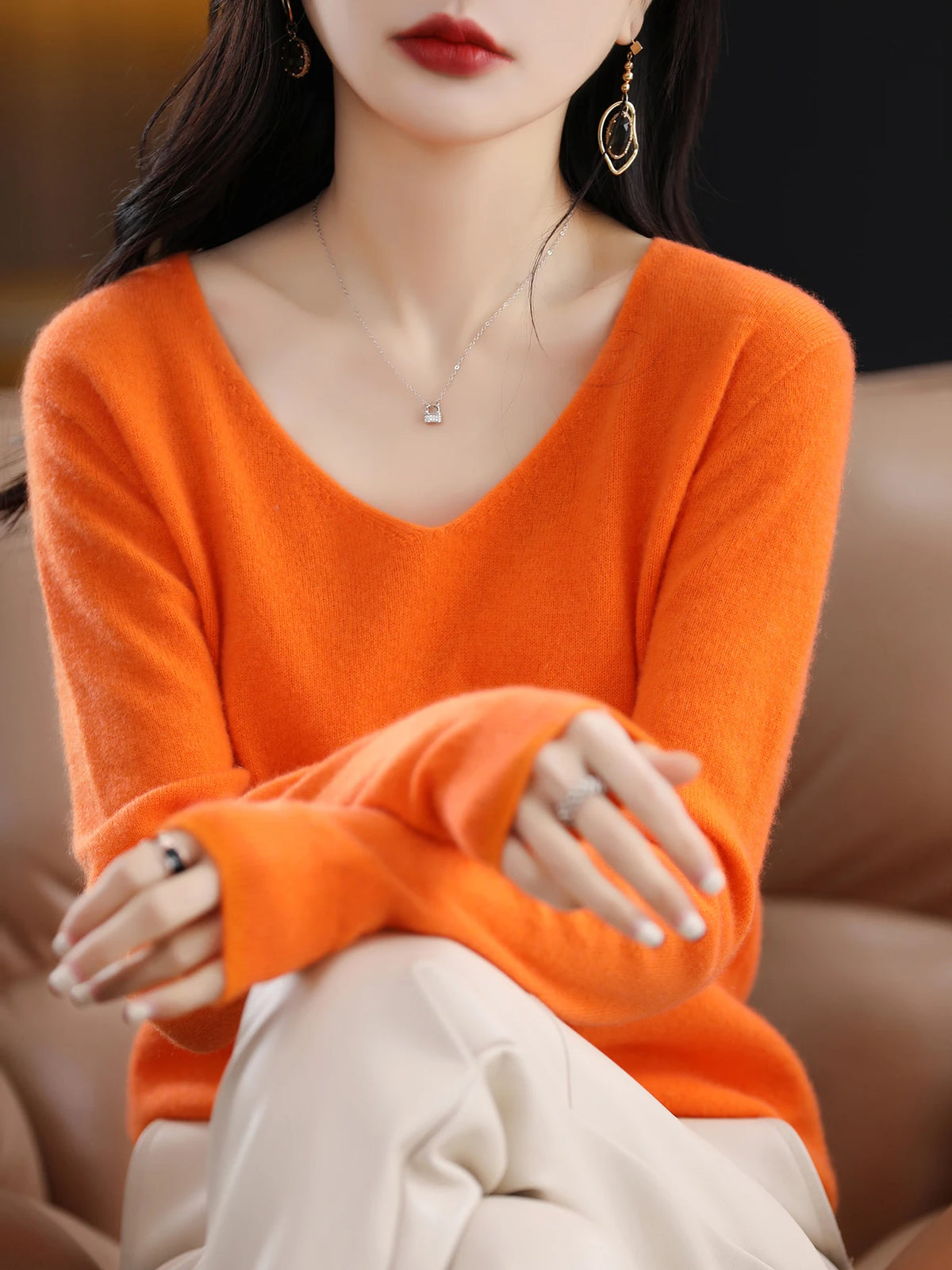 Sweater for Women 100% Merino Wool V Neck Sweater Fall Winter Basic Warm Pullovers Long Sleeve Soft Knit Jumpers Female Clothing
