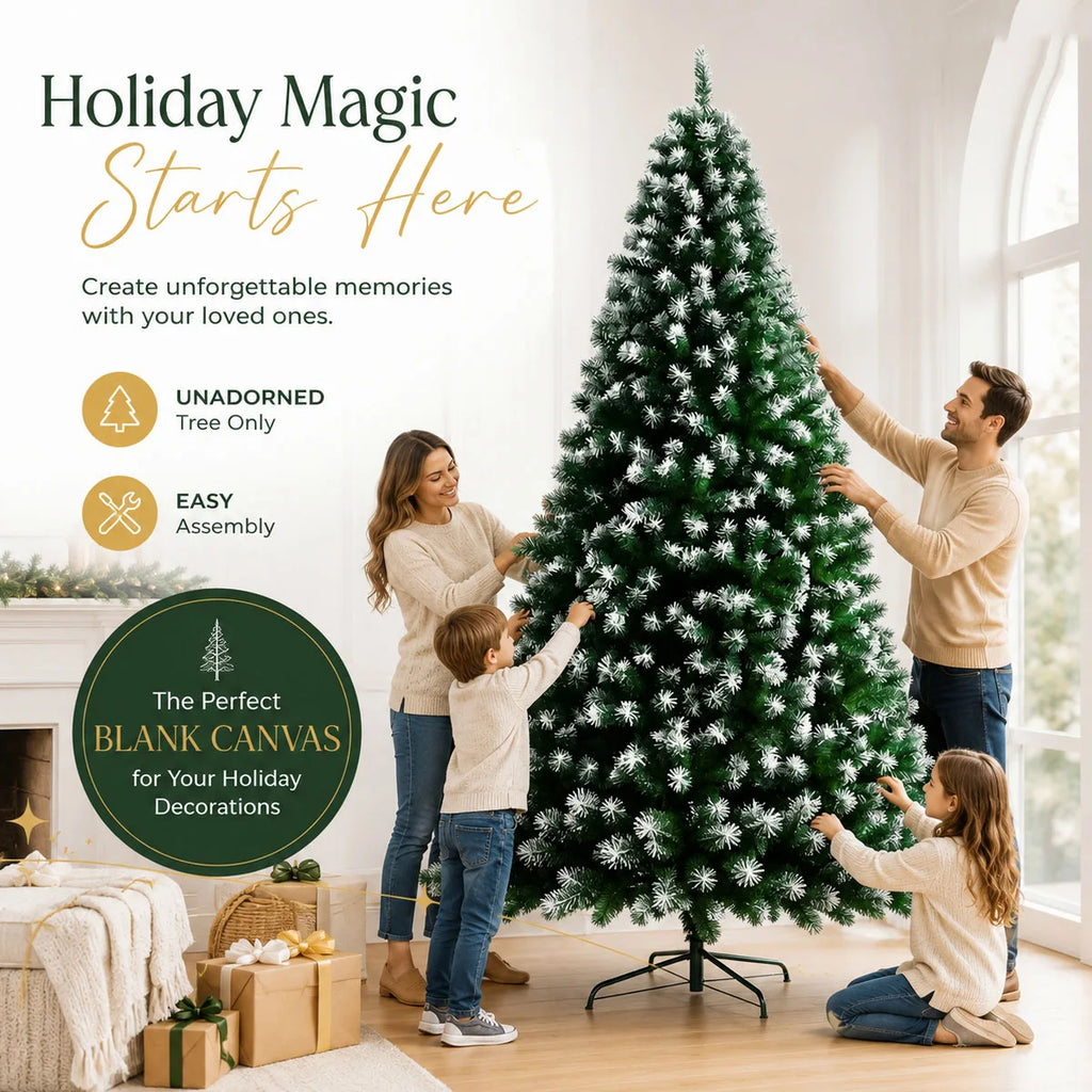 8FT Snow Flocked Artificial Christmas Tree, Unlit Frosted Pine Tree with Foldable Metal Base, PVC Fireproof Xmas Tree for Indoor Home Commercial Holiday Decoration