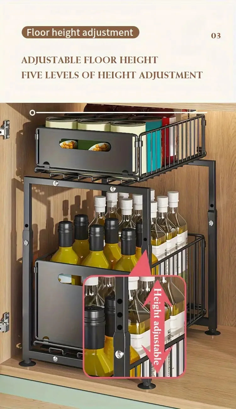 2 Tier Pull Out Cabinet Organizer Drawer Height Adjustable Kitchen Rack for Cabinet Under Sink Organizer Spice Jar Storage Shelf