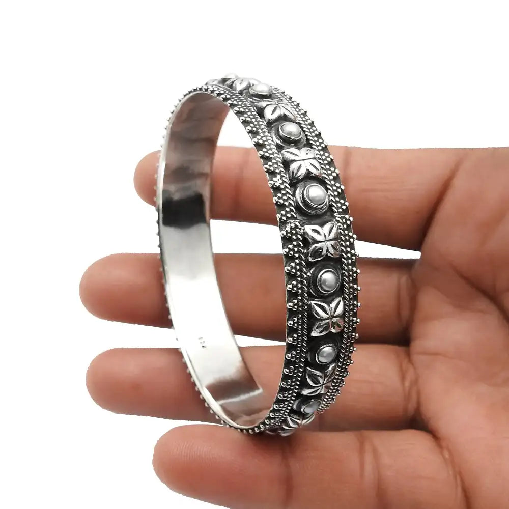 Ethnic Mother Pearl Bezel Set Artisan Silver Bangle Handmade Bohemian Jewelry For Men And Women Available At Reasonable Price