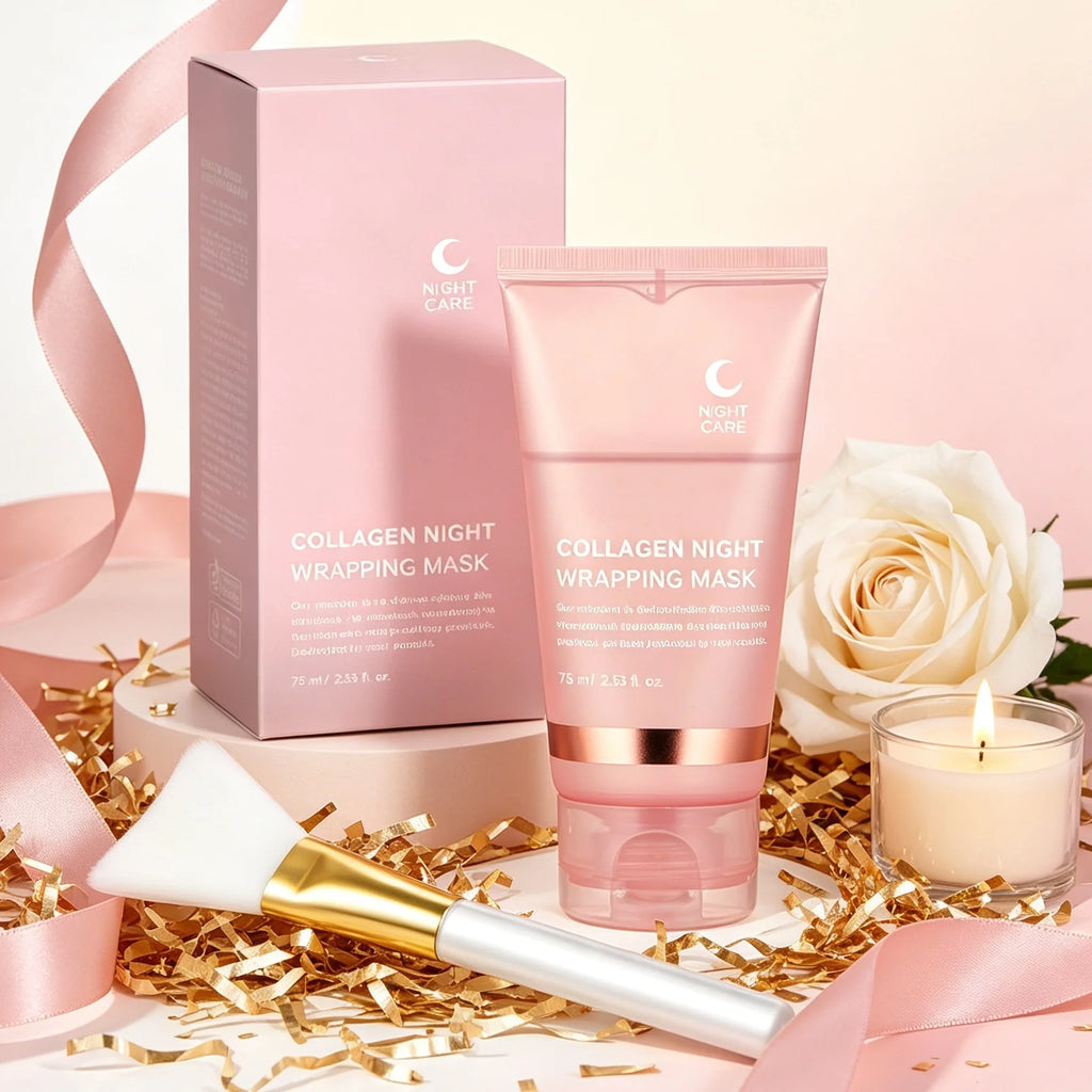Collagen Night Wrapping Mask Deep Hydrating Firming Brightening Overnight Facial Skin Care Night Wrapping Mask with Brush 75g