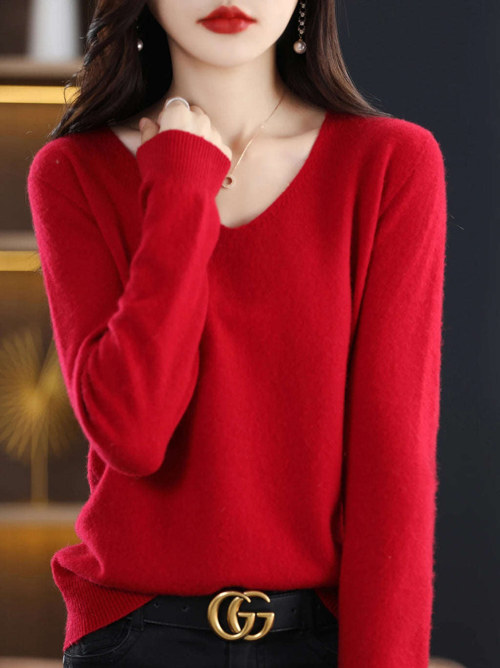 Sweater for Women 100% Merino Wool V Neck Sweater Fall Winter Basic Warm Pullovers Long Sleeve Soft Knit Jumpers Female Clothing