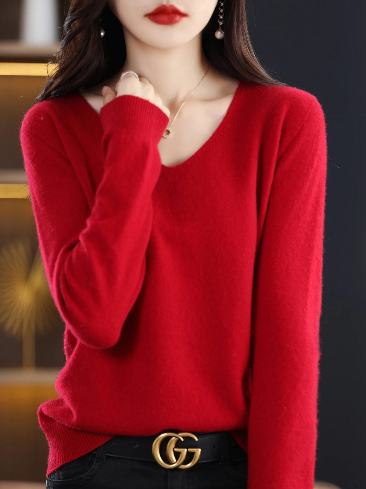Sweater for Women 100% Merino Wool V Neck Sweater Fall Winter Basic Warm Pullovers Long Sleeve Soft Knit Jumpers Female Clothing