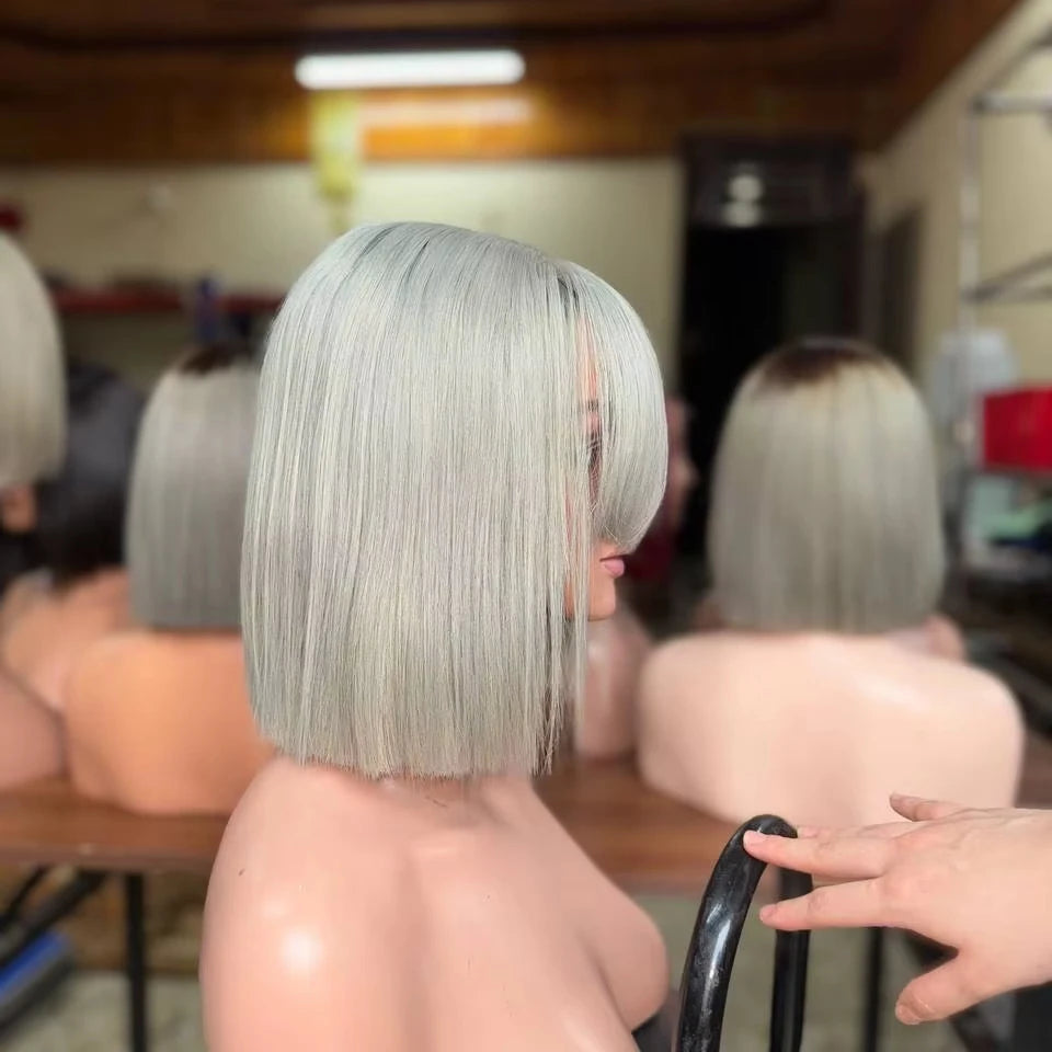 Wholesale Ginger Transparent Lace Bob Wigs with Bangs Gray Color Vietnamese Human Hair Fringe Glueless Middle Part Women
