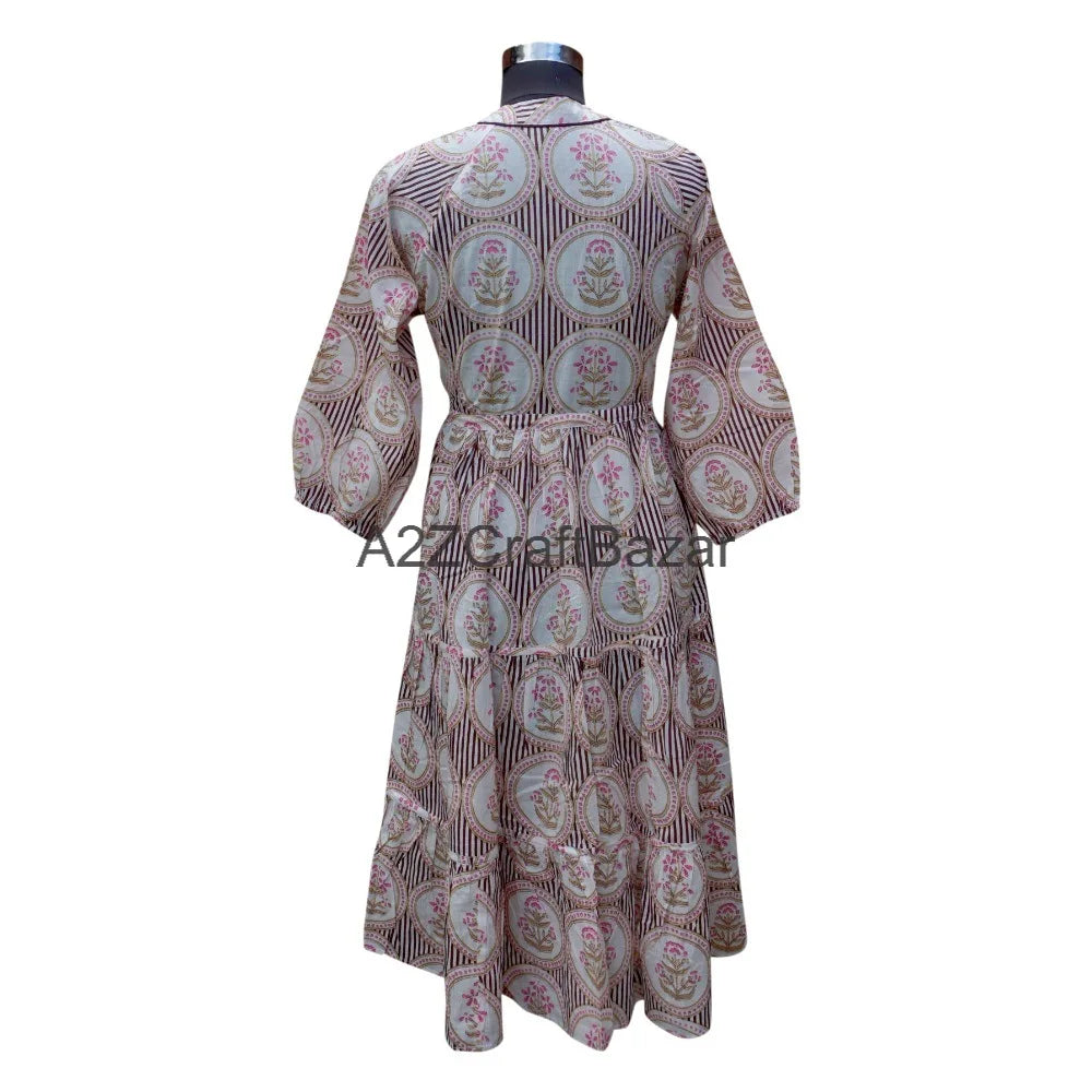 Women's Handmade Loose Casual Daily Breathable Dry Cleaning Vintage Midi Dress Block Printed Floral Pattern 3/4 Cotton Natural