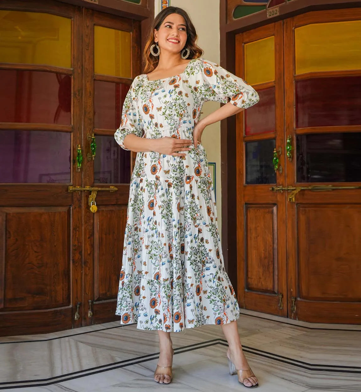 Wholesale Formal White Floral Printed Rayon Tiered Dress for Women square Neck Three-quarter Sleeves High Quality Elegant Summer