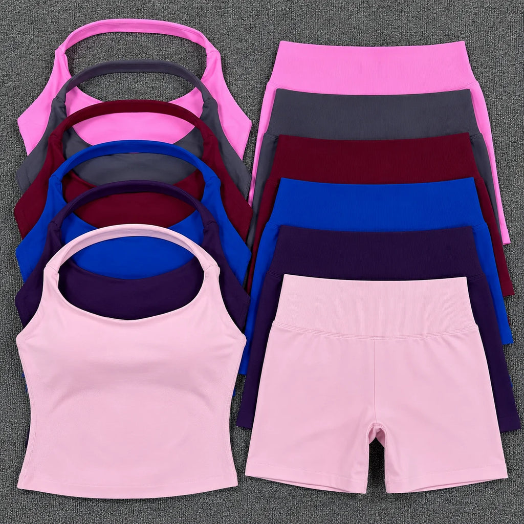3DF- Women Halter Neck Yoga Set Seamless Sports Bra High Waist Shorts Gym Workout Fitness Activewear Outfit Set