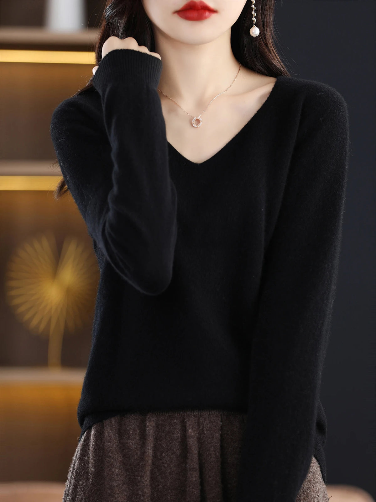 Sweater for Women 100% Merino Wool V Neck Sweater Fall Winter Basic Warm Pullovers Long Sleeve Soft Knit Jumpers Female Clothing