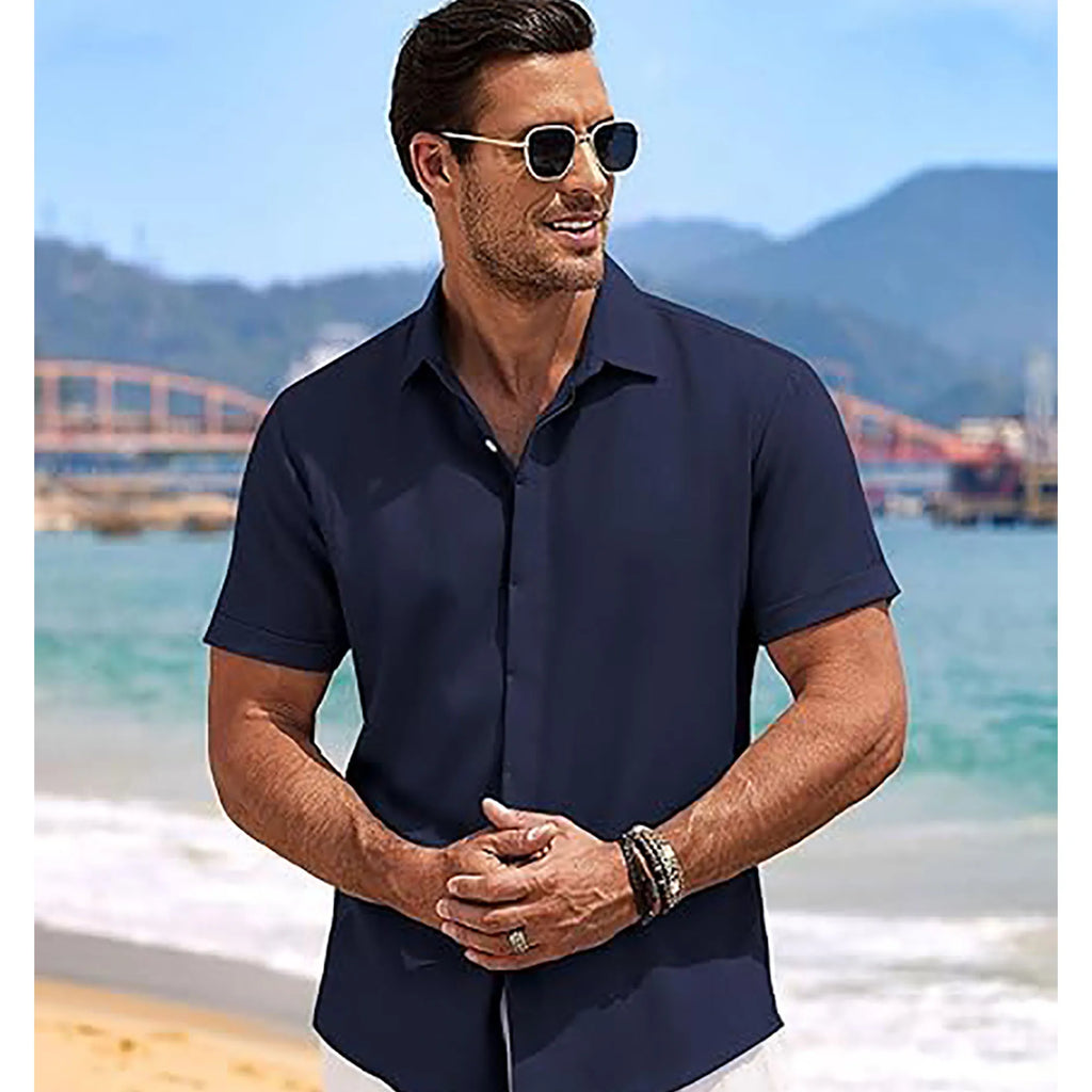 MenLinen Shirt Short Sleeve Button Down Casual Summer Beach Wedding Shirt Loose Fit Cotton Linen Solid Color Tops