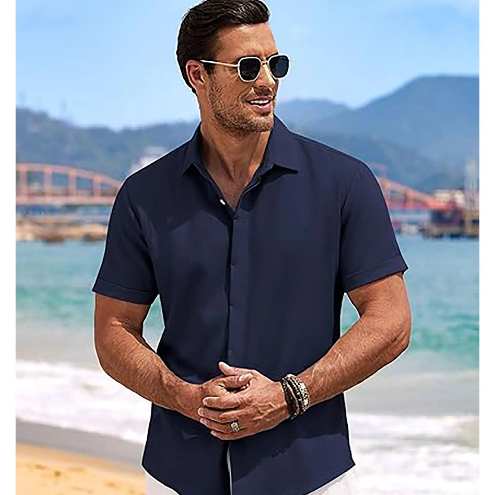 MenLinen Shirt Short Sleeve Button Down Casual Summer Beach Wedding Shirt Loose Fit Cotton Linen Solid Color Tops