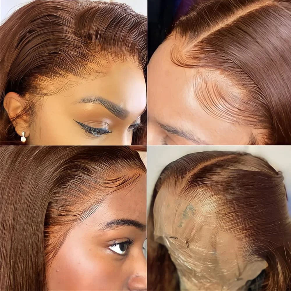 13x4 Human Hair Chocolate Brown Short Bob Lace Front Wig Bone Straight 200% Full Density Transparent Lace Frontal Bob Wigs