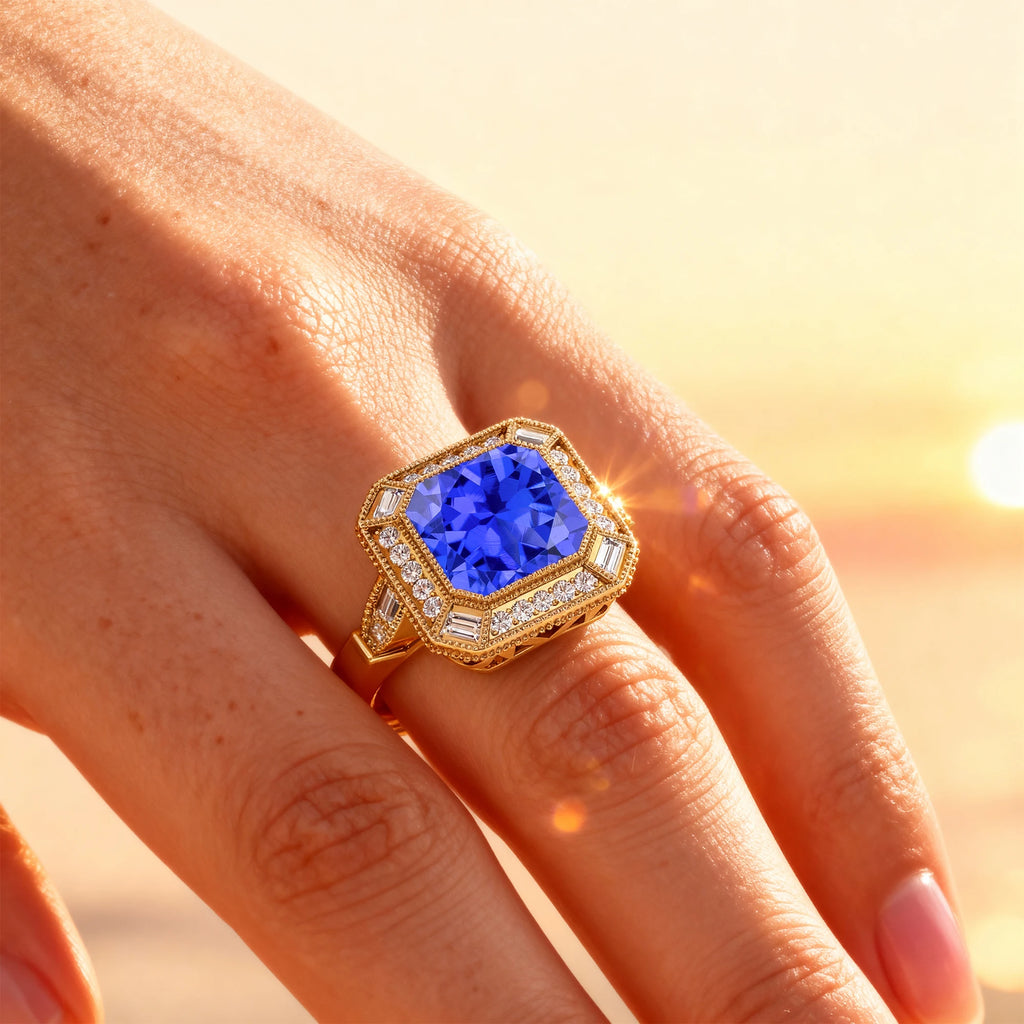 18kt Solid Gold Engagement Rings Natural Tanzanite Gemstone Real Diamonds Rhodium Plated Classic Style Wedding Valentine's Day