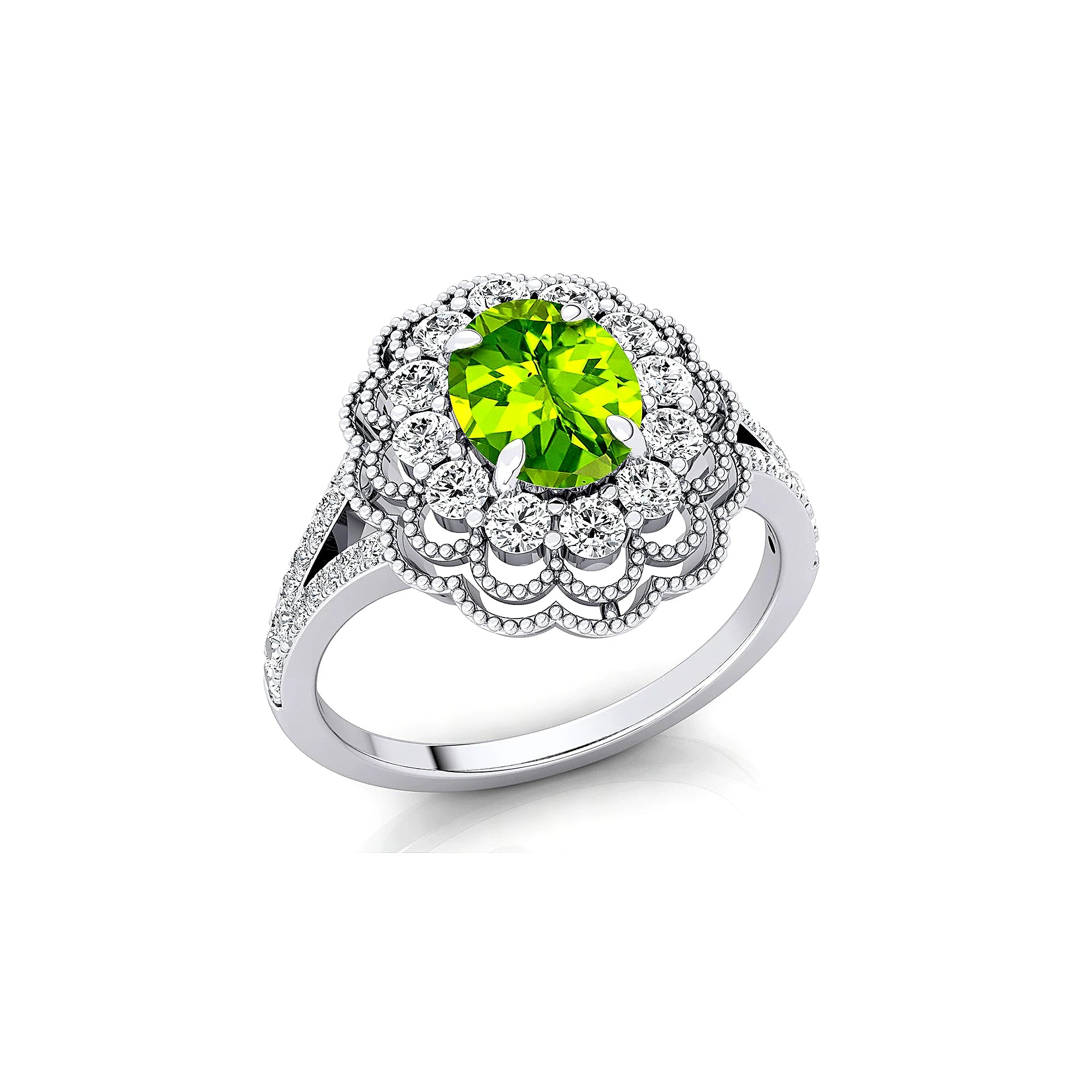 Trendy 14K Gold Oval Shape Natural Peridot Gemstone Cluster Real Cut Diamonds Halo Diamond Engagement Wedding Rings ODM Supplier