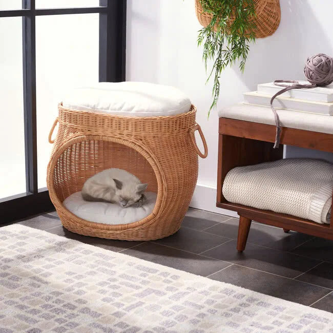Latest Design Natural Rattan & Wood Eco-Friendly Pet House in Vietnam Dog and Cat 2-Tier Bed Removable & Washable Custom Logo