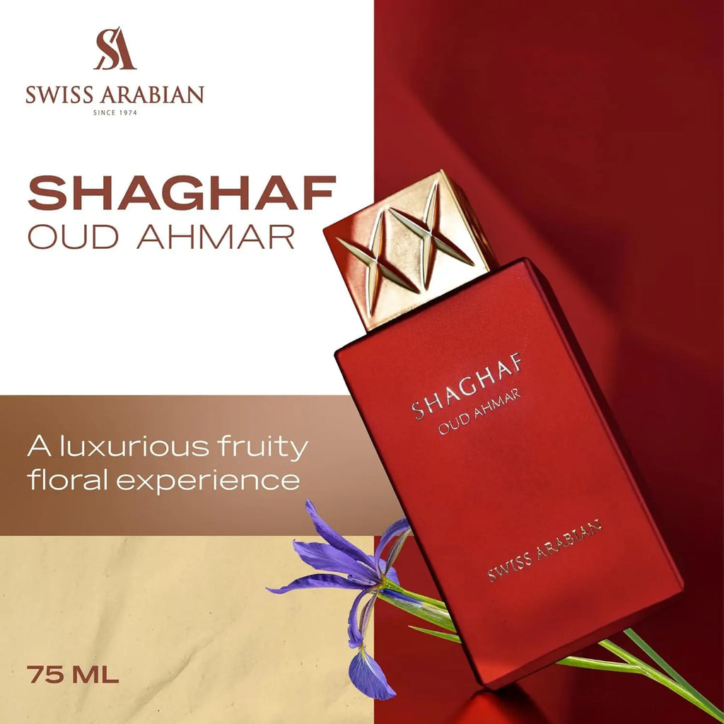 Swiss Arabian Shaghaf Oud Ahmar Eau De Parfum Spray for Unisex – Intense Oriental Oud, Saffron, Rose & Warm Amber Scent, Long-Lasting Addictive Fragrance, Perfect Gift, 2.5 Fl oz / 75 ml