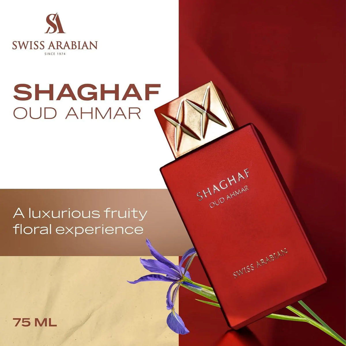 Swiss Arabian Shaghaf Oud Ahmar Eau De Parfum Spray for Unisex – Intense Oriental Oud, Saffron, Rose & Warm Amber Scent, Long-Lasting Addictive Fragrance, Perfect Gift, 2.5 Fl oz / 75 ml