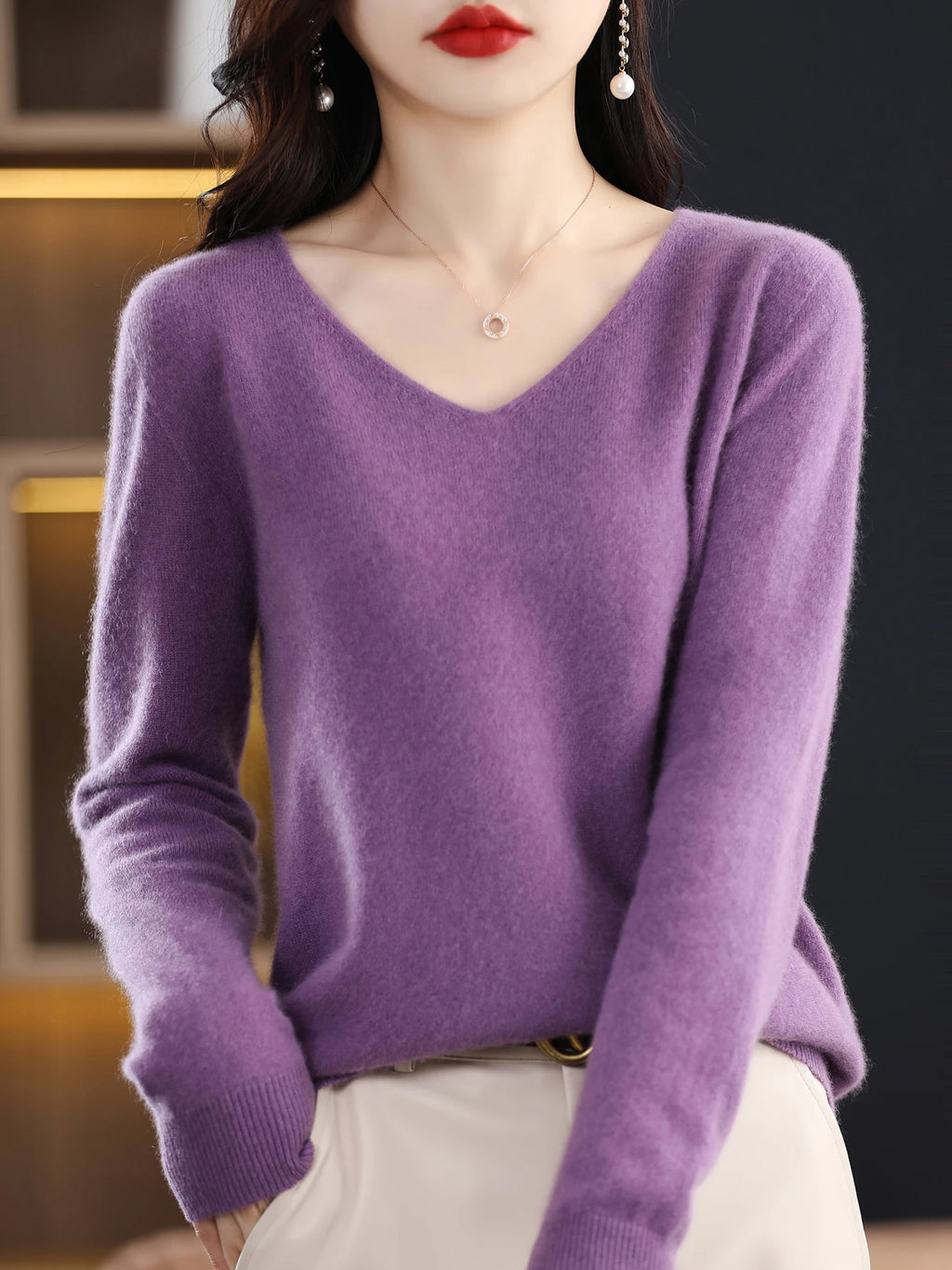 Sweater for Women 100% Merino Wool V Neck Sweater Fall Winter Basic Warm Pullovers Long Sleeve Soft Knit Jumpers Female Clothing