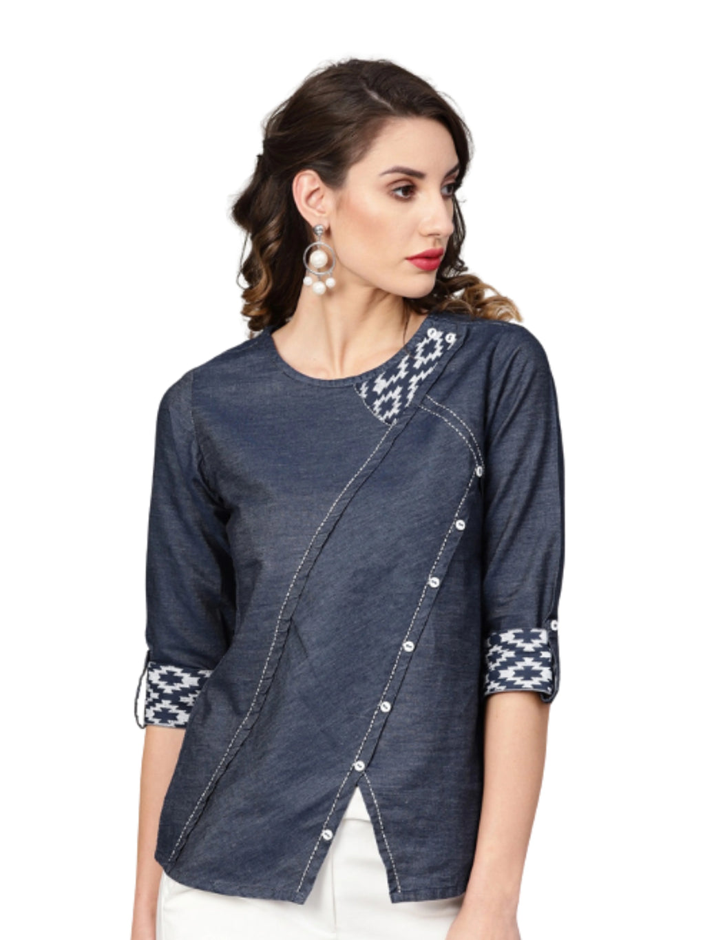 Blue Denim Regular Top Neckline Three Quarter Sleeves Customized Size Simple Formal 2-Piece Summer Set 100% Cotton Pattern