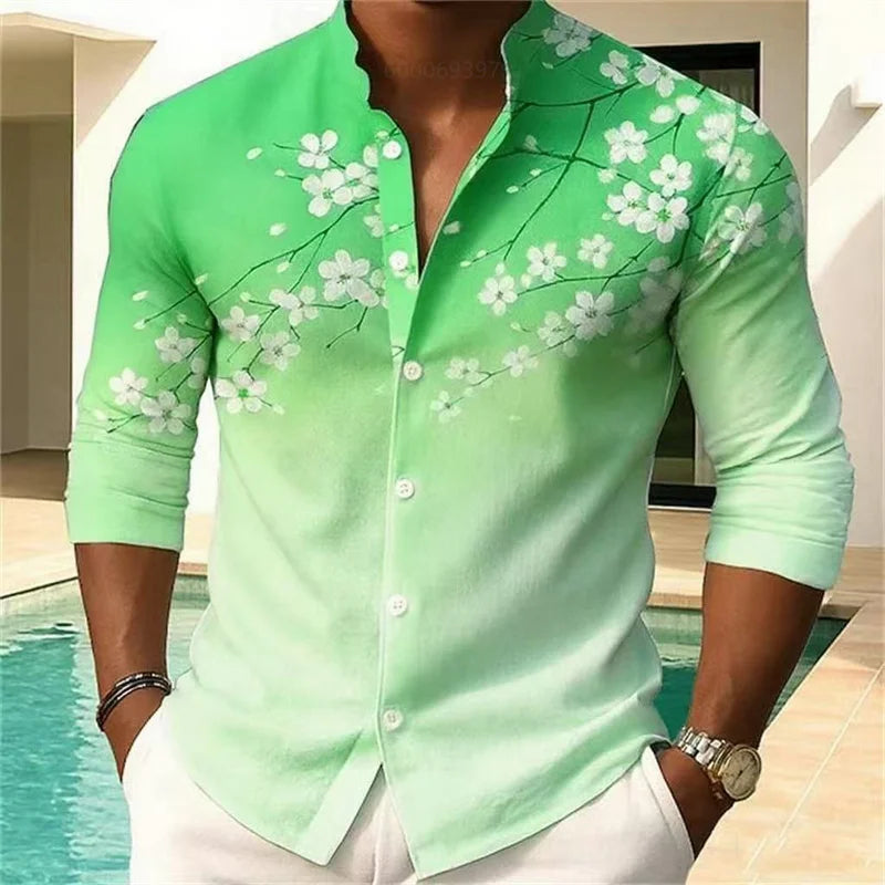 Men's floral print shirt fashion casual outdoor vacation daily spring and autumn Chinese style stand collar shirt pink blue