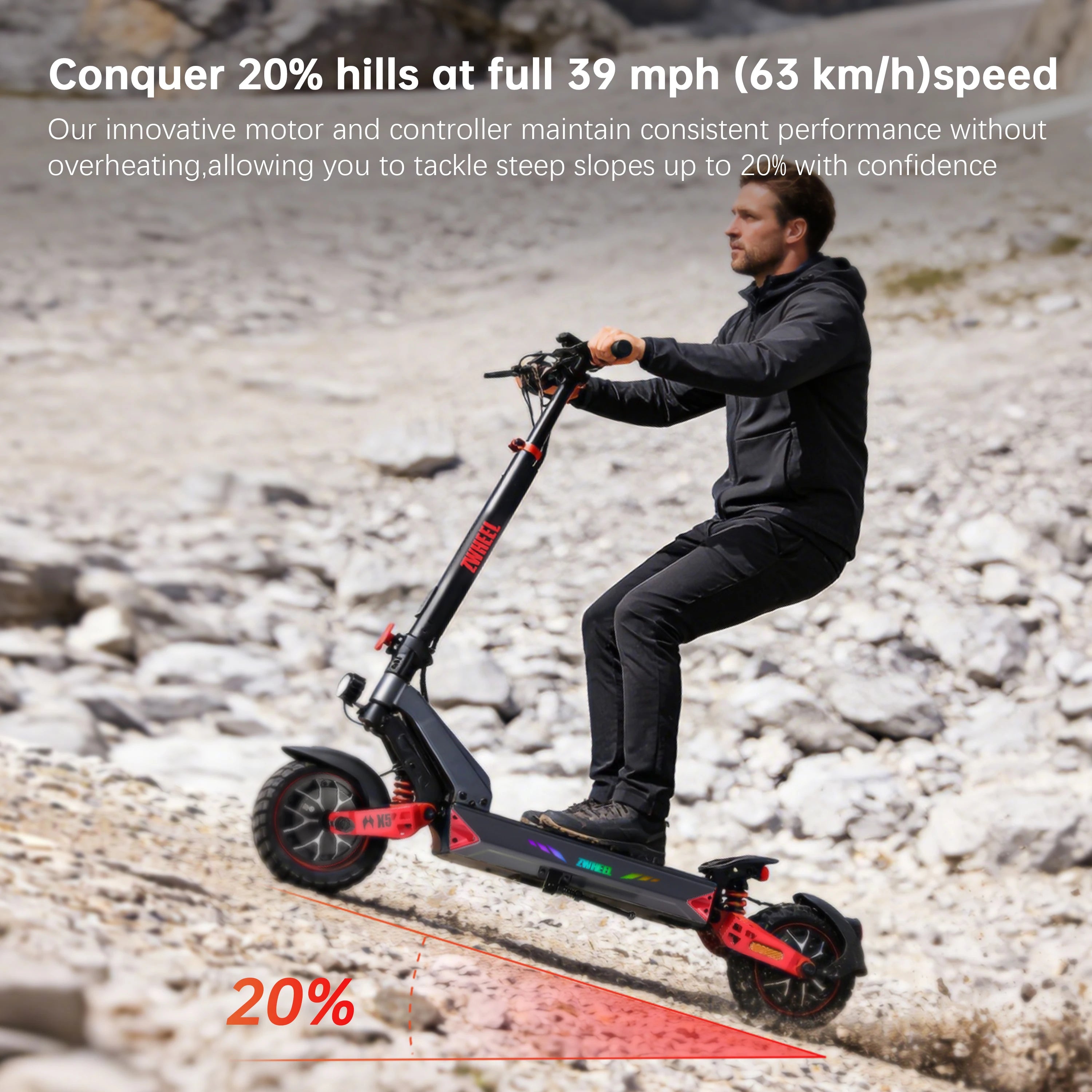 D3 Dual Motors Adult Electric Scooter 2400W Peak 39MPH Max Speed 48V20Ah Lithium Battery 50Miles Max Range 4 Riding Modes Smart APP Control Can Bluetooth Unlocking Dual Shock Absorption Oil Disc Brakes 10-inch Tubeless Tires
