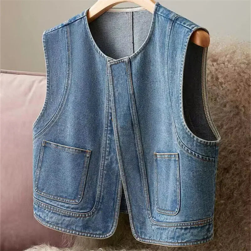 Vintage Denim Vest Women New Round Neck Loose Fit Slimming Waistcoat Fashion Sleeveless Top Casual Versatile Outerwear Jacket