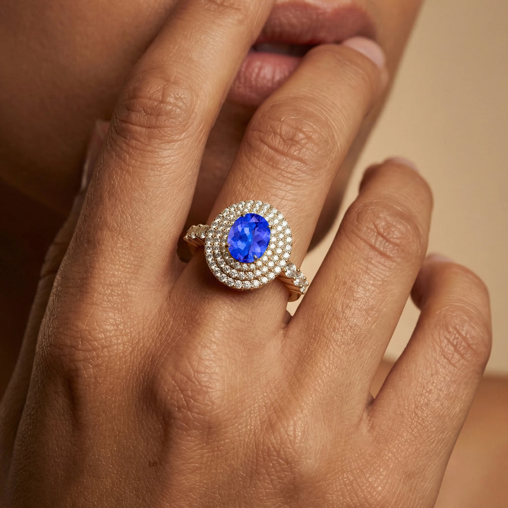 18k Gold Statement Rings Adorned With Natural December Birthstone Tanzanite Gemstone & Round Cut Certified Diamonds Ring For Her