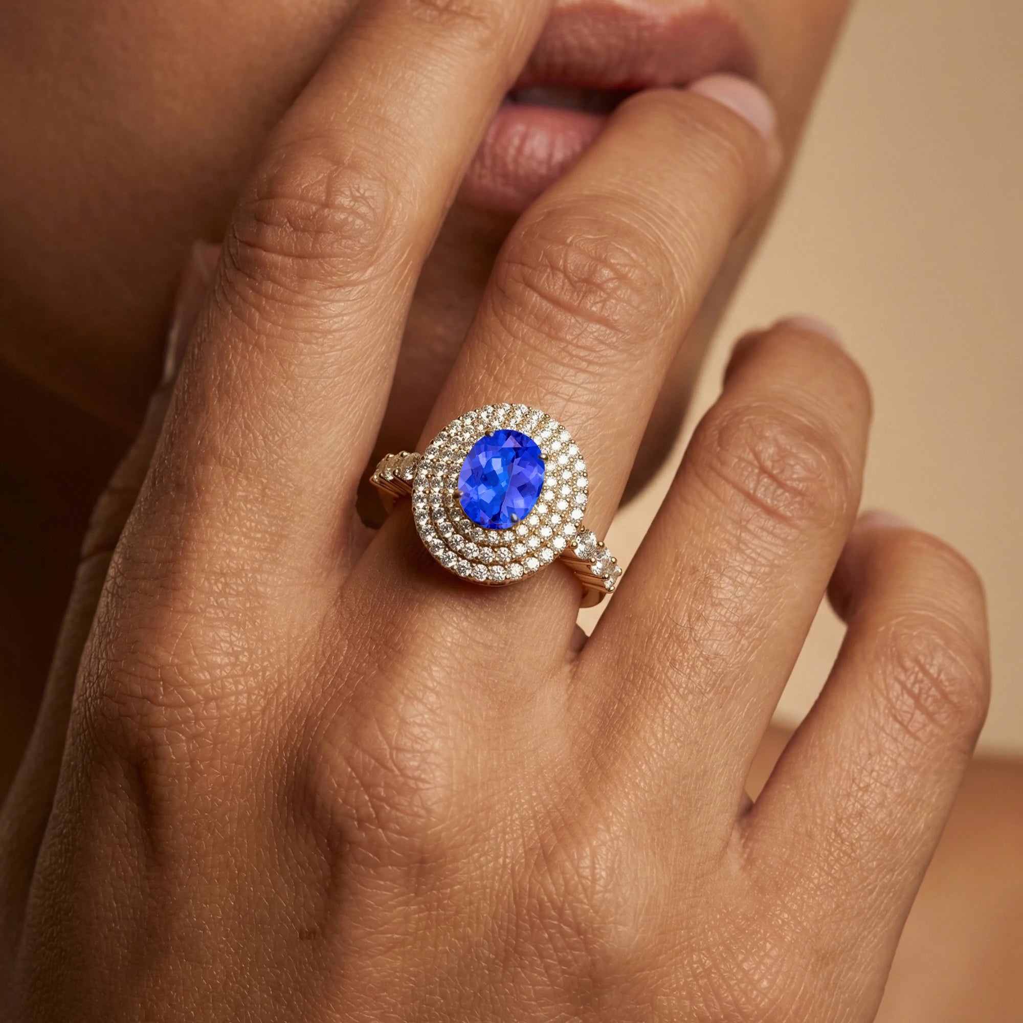 18k Gold Statement Rings Adorned With Natural December Birthstone Tanzanite Gemstone & Round Cut Certified Diamonds Ring For Her