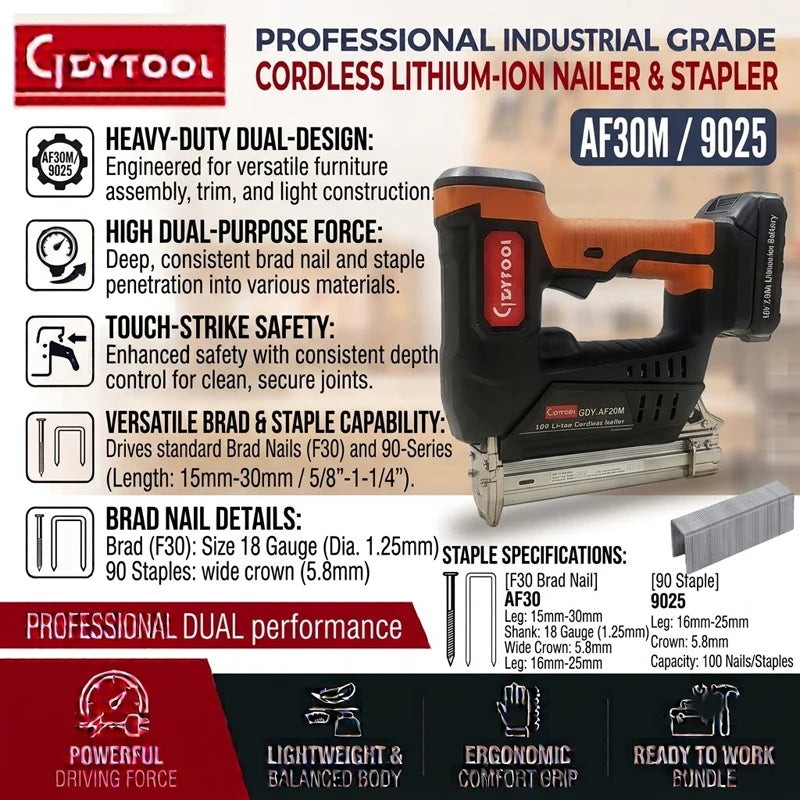 9025 Staples and F30 Nails Home Woodworking 18V Cordless Stapler DIY Grade 18V Battery Operated Air Stapler GDY-AF30/9025M