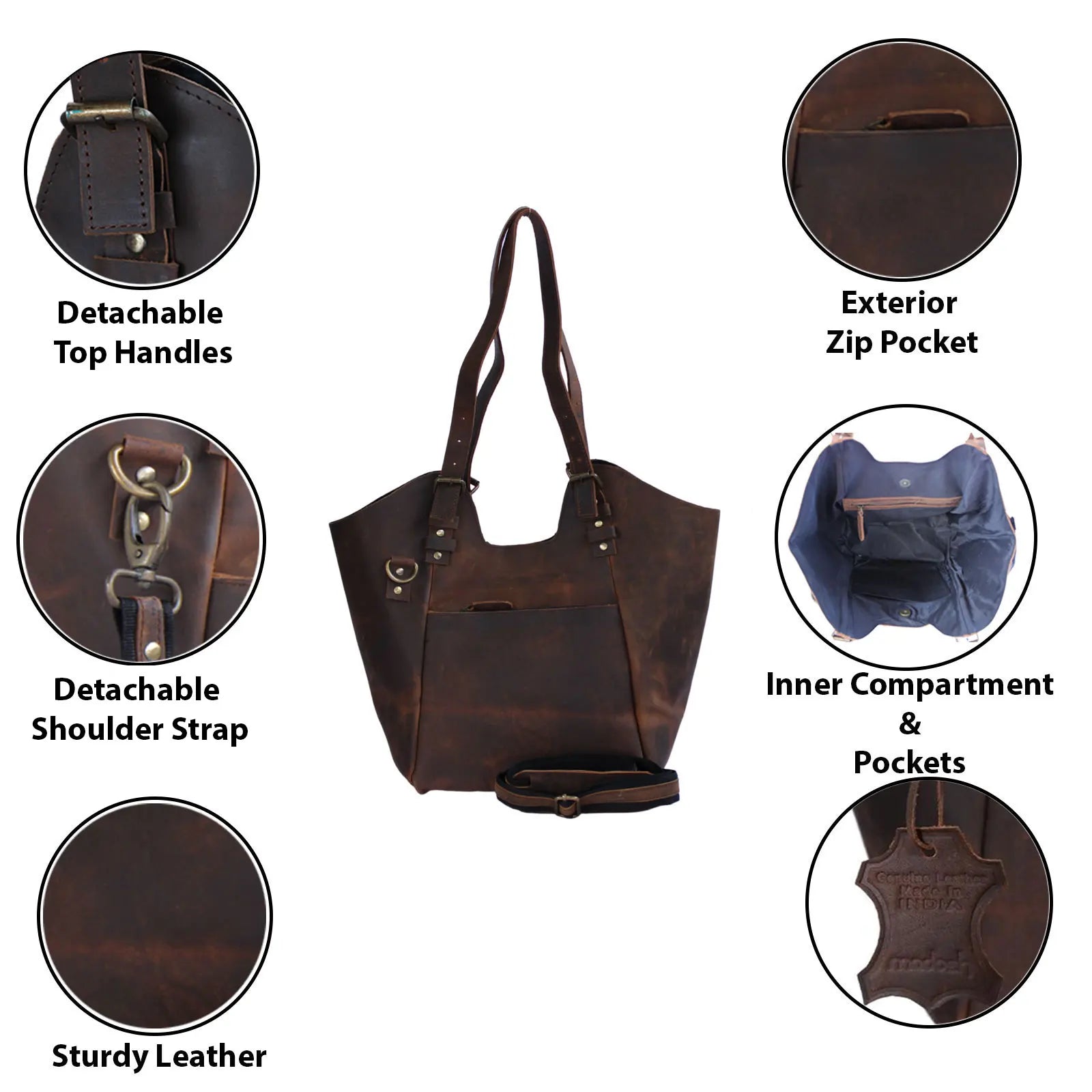 Women's Vintage Durable Lightweight Genuine Leather Tote Hobo Crossbody Shoulder Bag Two Straps Zipper Closure for Business Use