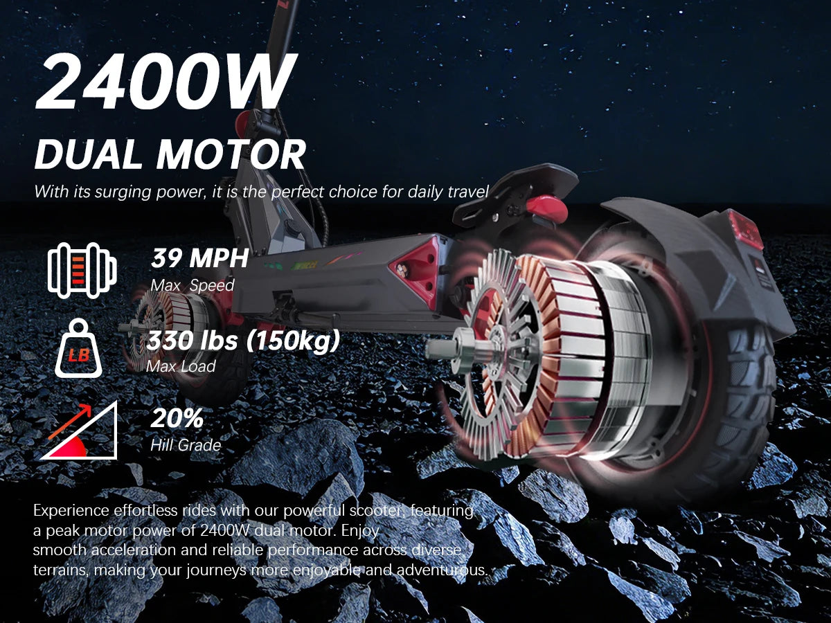 ZWHEEL D3 Dual Motors Electric Scooter 2400W All-wheel Drive Max Speed 39 MPH Max Range 50 Miles 960Wh Battery 1000 Cycles Bluetooth Locking and Unlocking Anti-theft Protection TUYA Smart APP 10''Off-Road Tires Low Noise Perf