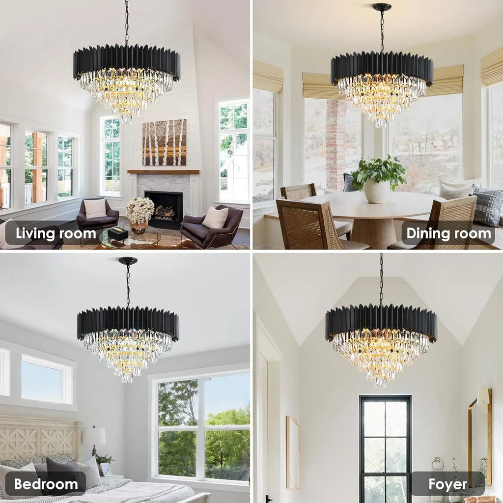 Gold Modern Crystal Chandelier - 6-Tier Round Crystal Chandelier Light Fixture, Black, Large, for Dining Room, Living Room, Bedr