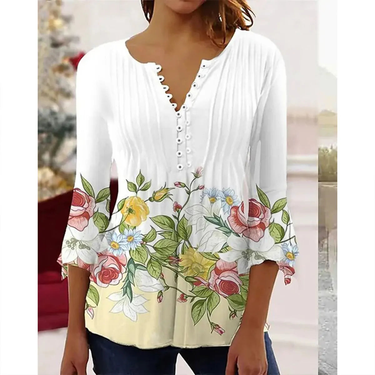 2024 Trendy 3D Printed Shirts for Women Spring Summer 3/4 Sleeve V Neck Buttons Blouse Shirt Elegant Ladies Long Sleeve Tops
