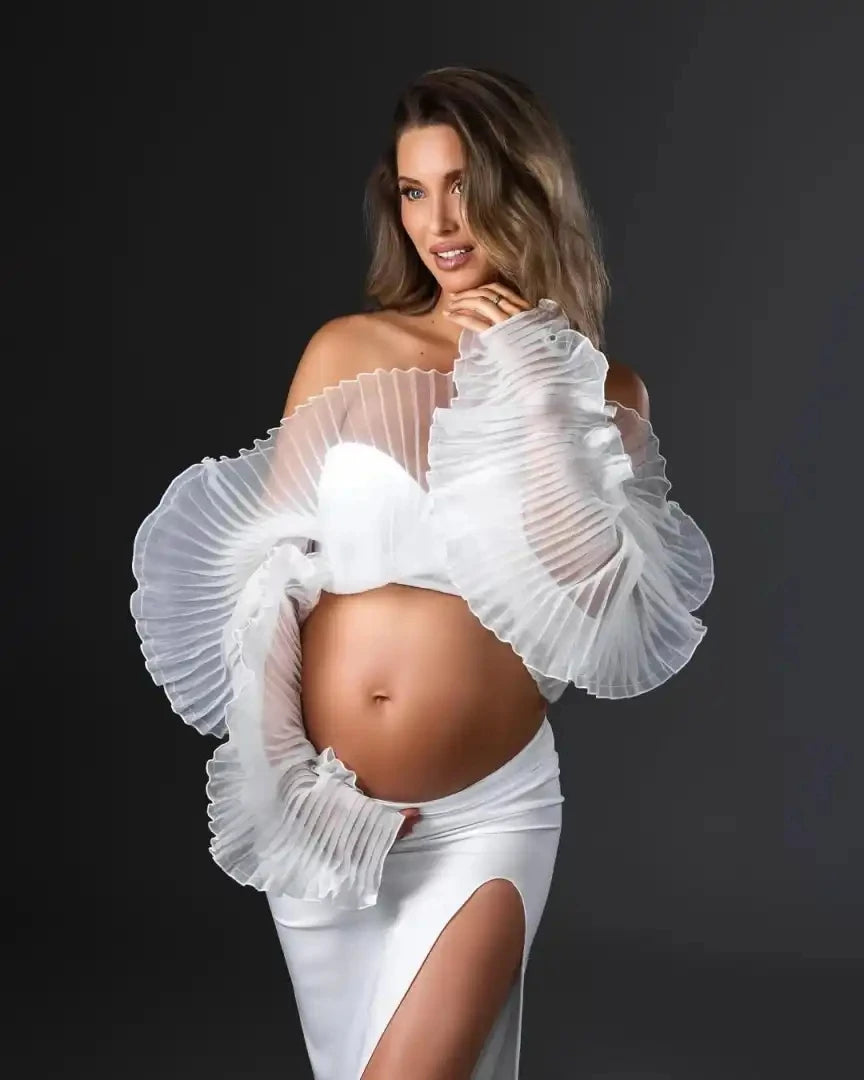 Chic Women Tops White Short Handemade Pleated Blouse Custom Made Layered Full Sleeves Blouse Maternity Photography