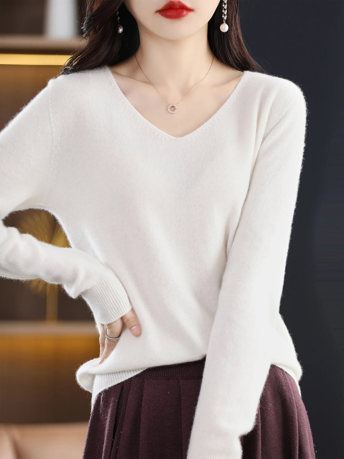 Sweater for Women 100% Merino Wool V Neck Sweater Fall Winter Basic Warm Pullovers Long Sleeve Soft Knit Jumpers Female Clothing
