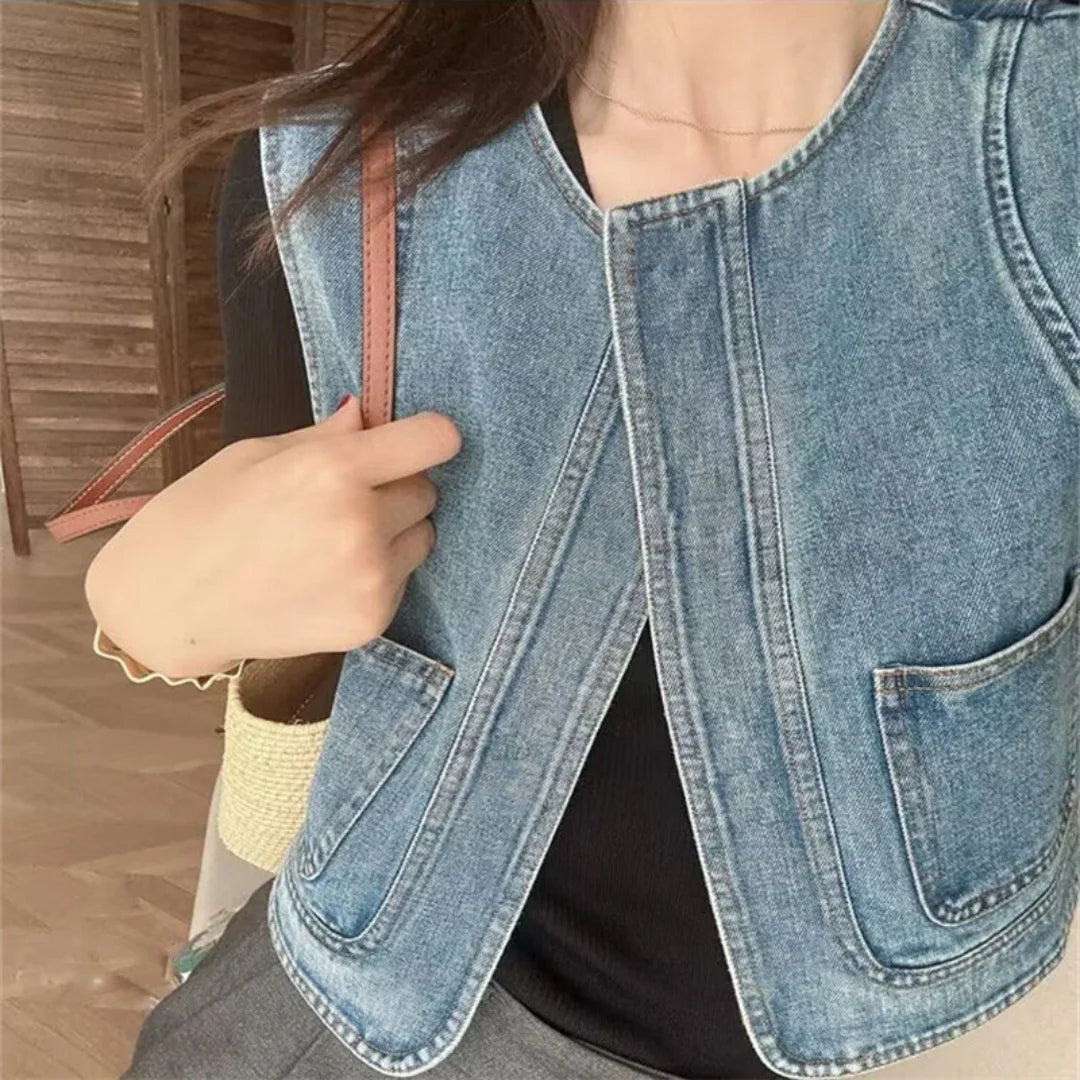 Denim Vest Ladies Clothes Clearance Sleeveless Round Neck Casual Crop Denim Waistcoat Streetwear Fashion Vests For Women 2026