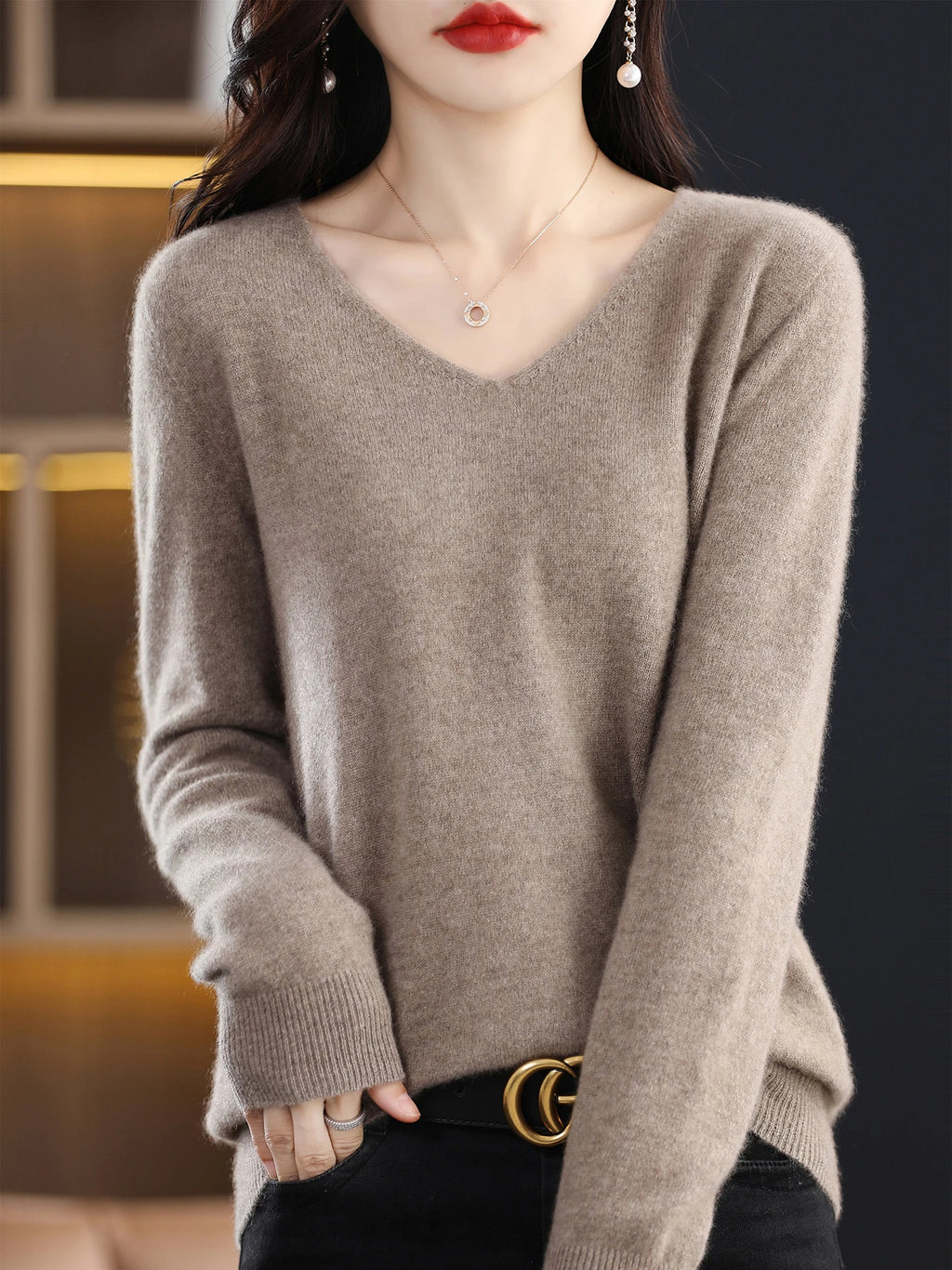 Sweater for Women 100% Merino Wool V Neck Sweater Fall Winter Basic Warm Pullovers Long Sleeve Soft Knit Jumpers Female Clothing