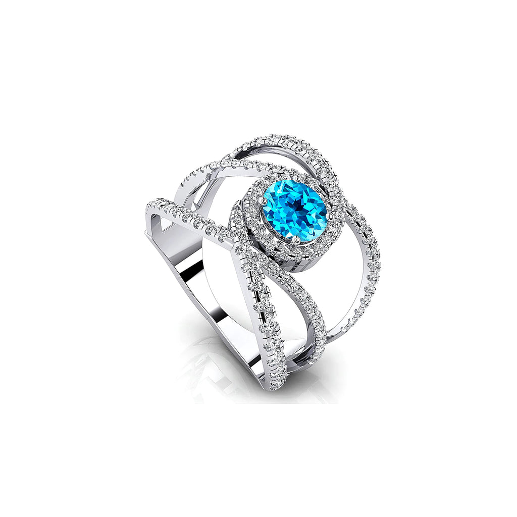 18k Solid Gold Rings Swiss Blue Topaz Gemstone Certified Diamonds Rhodium Plated Classic Party Gift Women's Engagement Halo Ring