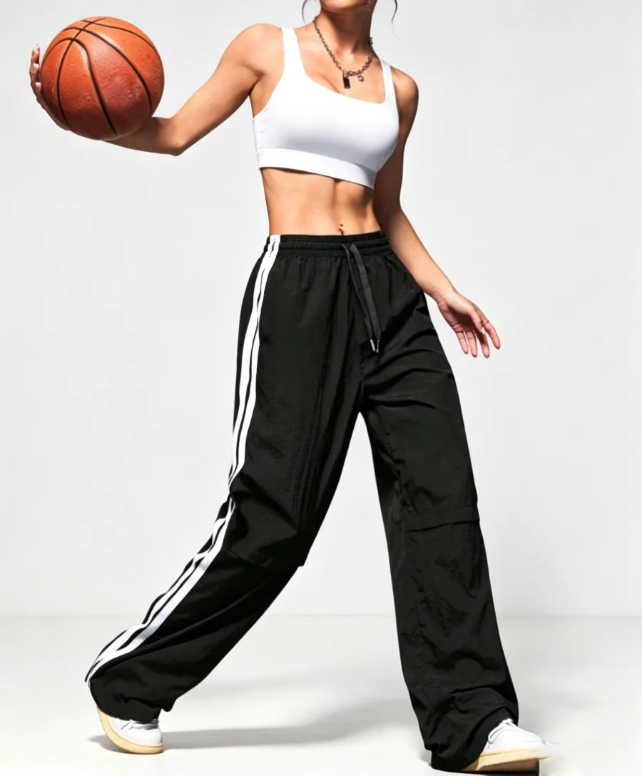 Women High Waist Wide Leg Pants Side Stripe Casual Trousers Loose Fit Streetwear Jogger Pants Breathable Workwear Daily Wear