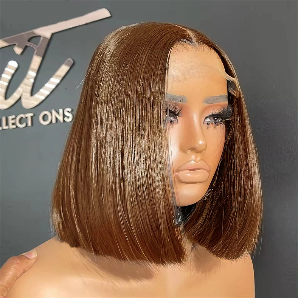 13x4 Human Hair Chocolate Brown Short Bob Lace Front Wig Bone Straight 200% Full Density Transparent Lace Frontal Bob Wigs